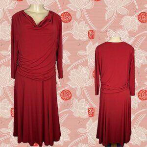 Simonton Says M Red Cowl Neck Ruched Waist Lined Top 3/4 Sleeve Midi Flare Dress